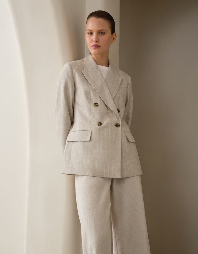 Trenery - Linen Stripe Double Breasted Blazer in Flax