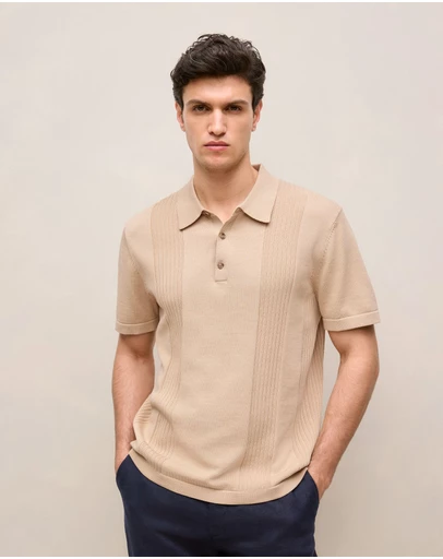 Trenery - Mercerised Cotton Rib Detail Knit Polo in Sand