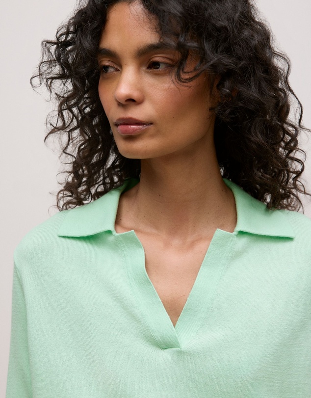 Trenery - Cotton Cashmere Long Sleeve Polo in Peppermint