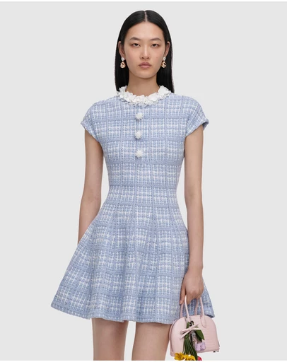 Self Portrait - Check Knit Beaded Mini Dress