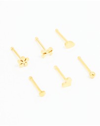 Lovisa - Gold Plated Surgical Steel Heart, Bow & Flower Nose Stud 6-Pack
