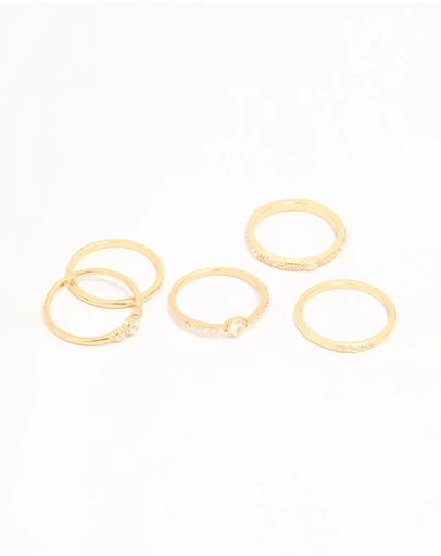 Lovisa - Gold Plated Cubic Zirconia Plain & Heart Stacking Rings 5-Pack