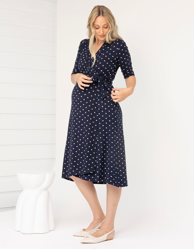 Angel Maternity - Eve Maternity Midi Wrap Dress in Navy Polka Dots