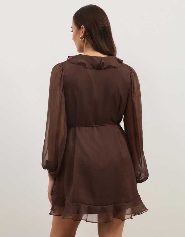 Atmos&Here - Stella Lightweight Crinkle Georgette V Neck Long Sleeve Mini Dress With Frill Detail