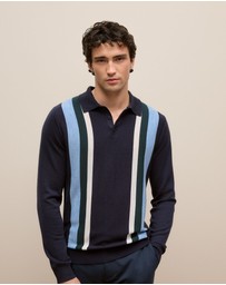 Trenery - Merino Graphic Stripe Long Sleeve Polo in Navy