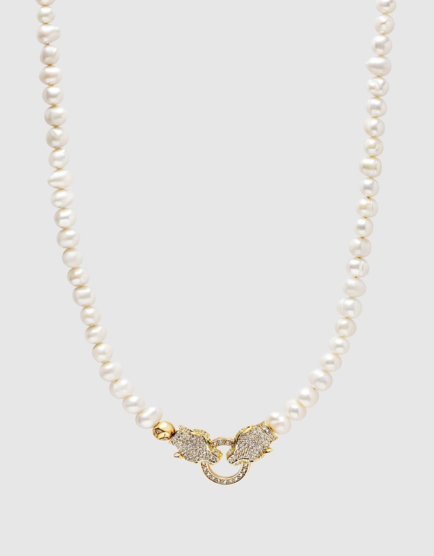 Nialaya Jewellery - Pearl Choker with Double Panther Head in Gold