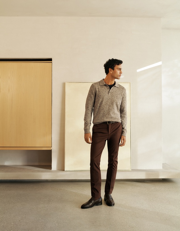 Trenery - Cotton Speckle Knit Polo in Stone