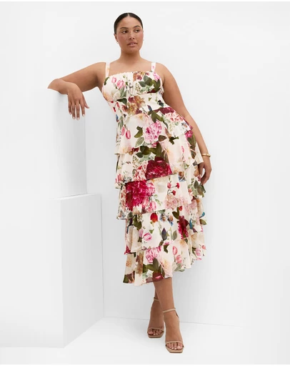 City Chic - Plus size Daniela Floral Print Ruffle Tier Dress - cream