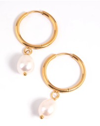 Lovisa - Waterproof Gold Plated Stainless Steel Freshwater Pearl Thin Huggie Hoop Earrings