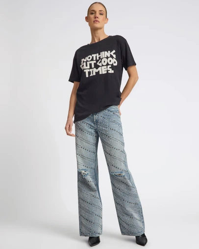ONE TEASPOON - 25th Anniversary Jackson Mid Waist Wide Leg Studded Ripped Denim Jeans - Salty Dog
