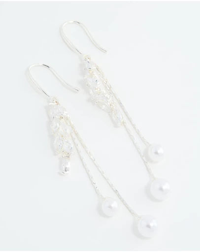 Lovisa - Silver Plated Cubic Zirconia Pearl Leaf Drop Hook Earrings