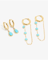 Lovisa - Waterproof Gold Plated Stainless Steel Turquoise Huggie Earrings 2-Pack