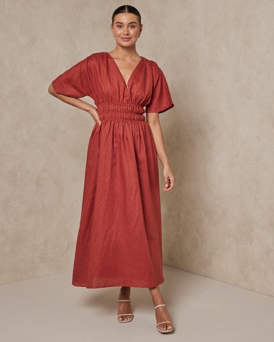Linen Shirred Midi Dress