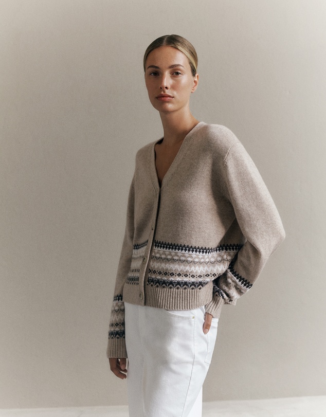 Trenery - Merino Cashmere Fair Isle Cardigan in Oat Marle