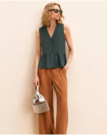 Emme | Max Mara Group - Dark Green Viscose Linen Blend Waistcoat Top