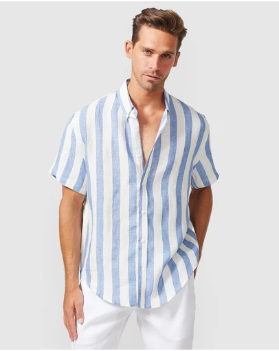 Vacay Swimwear - S/S Blue Stripe Linen Shirt