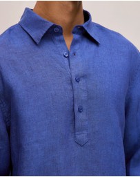 Trenery - Linen End On End Half Placket Shirt in Vivid Blue