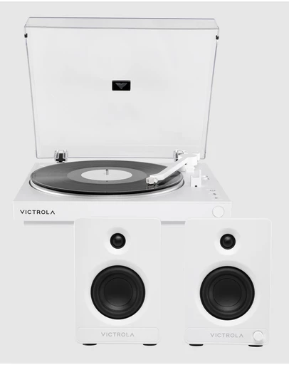 Victrola - Victrola Automatic Turntable + Victrola Tempo Bookshelf Speakers Bundle - White