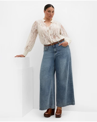 City Chic - Plus size Liv Sheer Lace Long Sleeve Blouse - ivory
