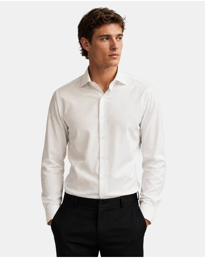 Henry Bucks - HENRY SARTORIAL Contemporary Fit Plain Twill Single Cuff Shirt WHITE