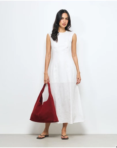 AERE - Eden Contrast Stitch Linen Midi Dress