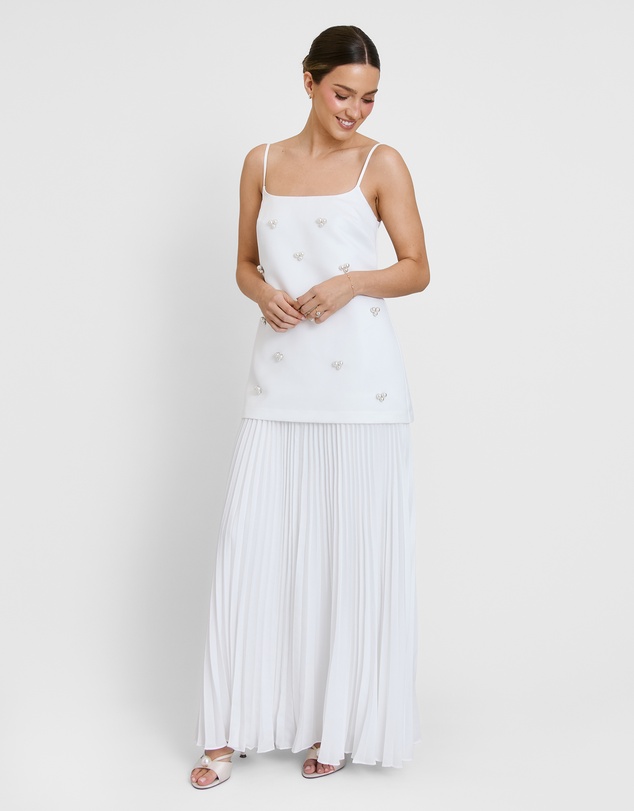 Six Stories - Embellished Pearl Strappy Maxi Dress with Neck Scarf
