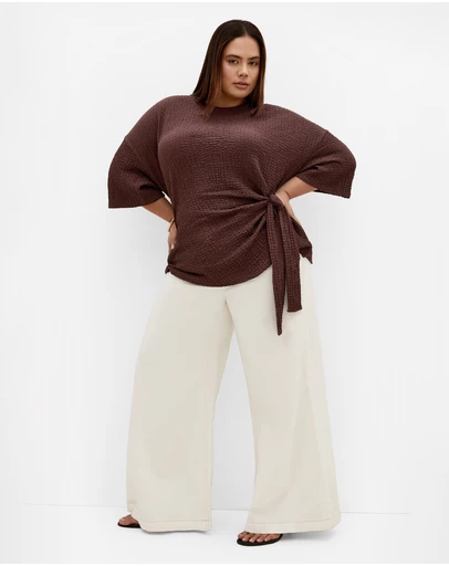 City Chic - Plus size Zoie Elbow Sleeve Side Tie Top - chocolate