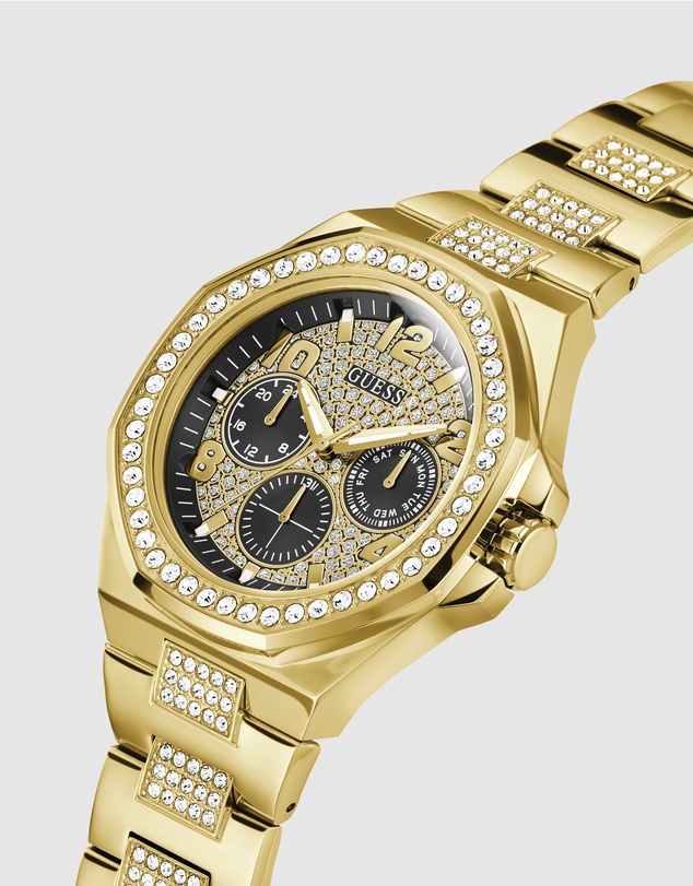 GUESS - Gold-Tone Multi-function Men's 46mm Black Dial with Crystals on Bezel and Strap Analogue Watch
