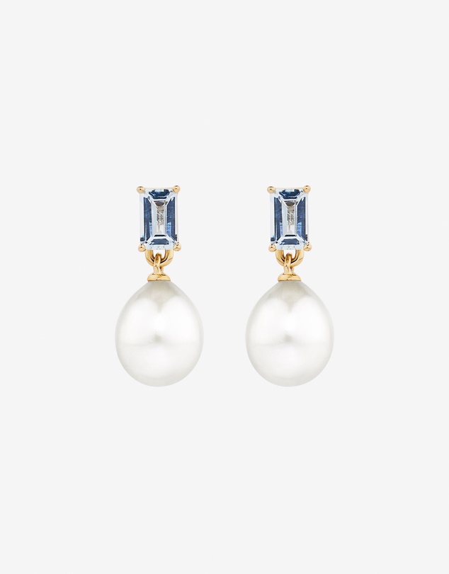 Michael Hill - Multi-Wear Aquamarine and Cultured Freshwater Pearl Drop Stud Earrings in 10kt Yellow Gold
