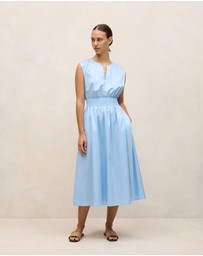 Trenery - Cotton Sateen Shirred Waist Dress in Blue Marble