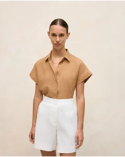 Trenery - Delave Linen Cap Sleeve Shirt in Sahara Tan