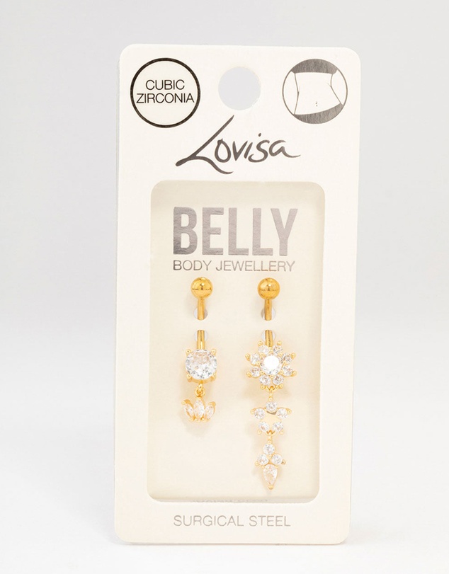 Lovisa - Gold Plated Surgical Steel Flower Power Belly Bar 2-Pack