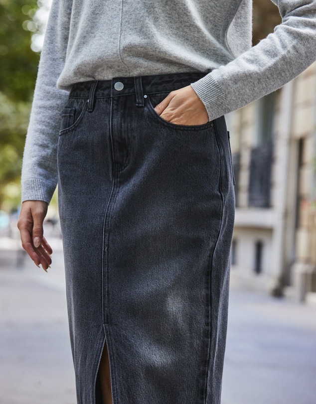 Sosandar - Charcoal Grey Longline Denim Midi Skirt