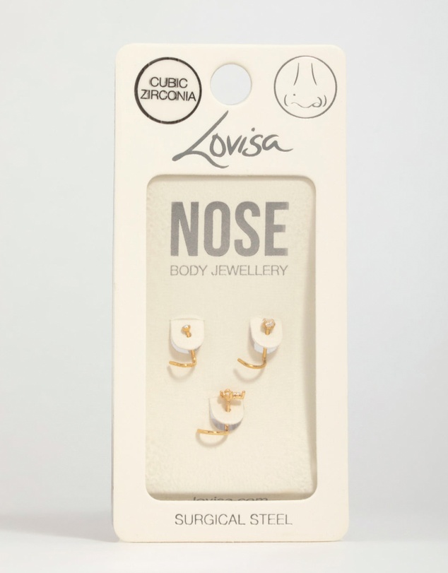 Lovisa - Gold Plated Surgical Steel Cubic Zirconia Butterfly Nose Piercings 3-Pack