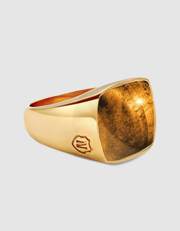 Nialaya Jewellery - Men's Gold Signet Ring with Brown Tiger Eye