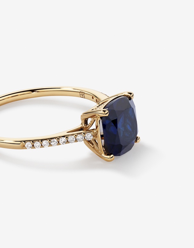 Michael Hill - Cushion Cut Blue Created Sapphire Gemstone and Diamond Ring in 10kt Yellow Gold