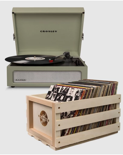 Crosley - Crosley Voyager Sage - Bluetooth Portable Turntable  & Record Storage Crate