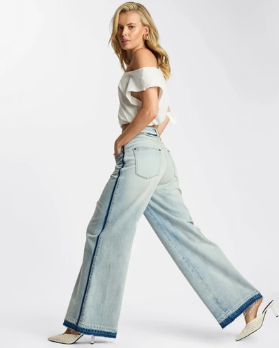 ONE TEASPOON - Love Machines Mid Waist Super Wide Leg Denim Jeans - Split Party Contrast Blue
