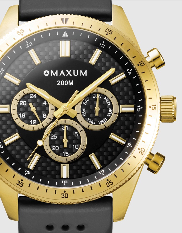 Maxum - Lansdowne Multifunction Chrono Gold Tone Case, Black Dial & Black Silicone Band