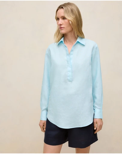 Trenery - Linen Relaxed Half Placket Shirt in Pastel Blue