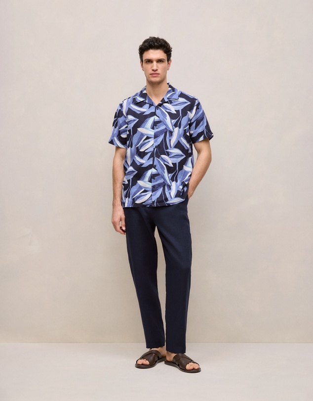Trenery - Painted Leaf Linen Camp Shirt in Navy