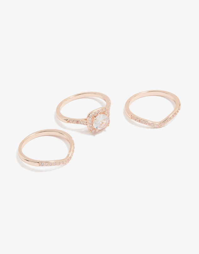Lovisa - Rose Gold Cubic Zirconia & Pointed Rings 3-Pack