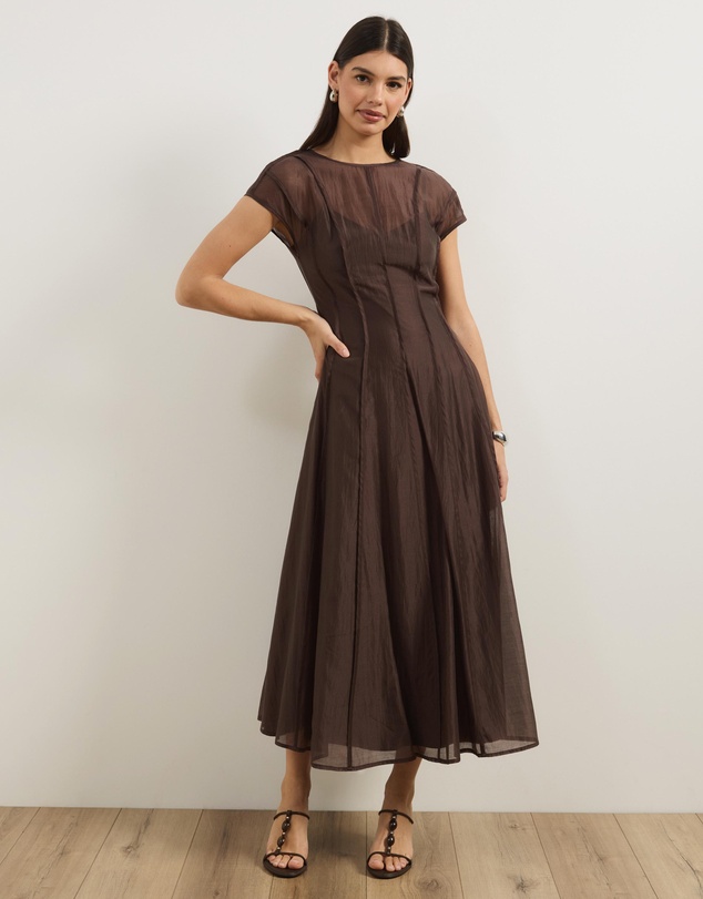 Atmos&Here - Cindy Short Sleeve Panelled Organza Midi Dress