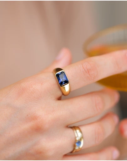 Elli Jewelry - Ring Signet Sapphire Sterling Silver Gold Plated