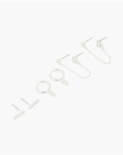 Lovisa - Silver Plated Brass Cubic Zirconia Chain & Stud Earrings 3-Pack