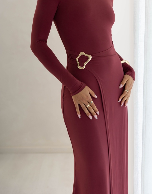 Beginning Boutique - Misaki Burgundy Long Sleeve Wrap Maxi Dress
