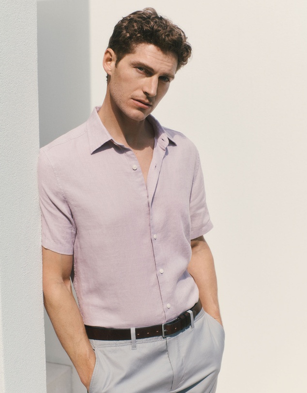 Trenery - Regular Fit Delave Linen Short Sleeve Shirt in Faded Violet