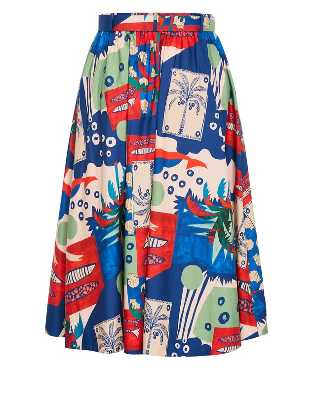 City Chic - Plus size Elysia Marine Print Belted Cotton Skirt - bone