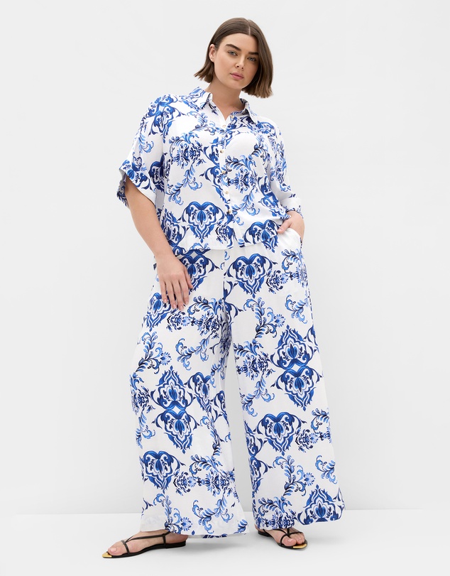 City Chic - Plus size Mykonos Print Wide Leg Pant - white