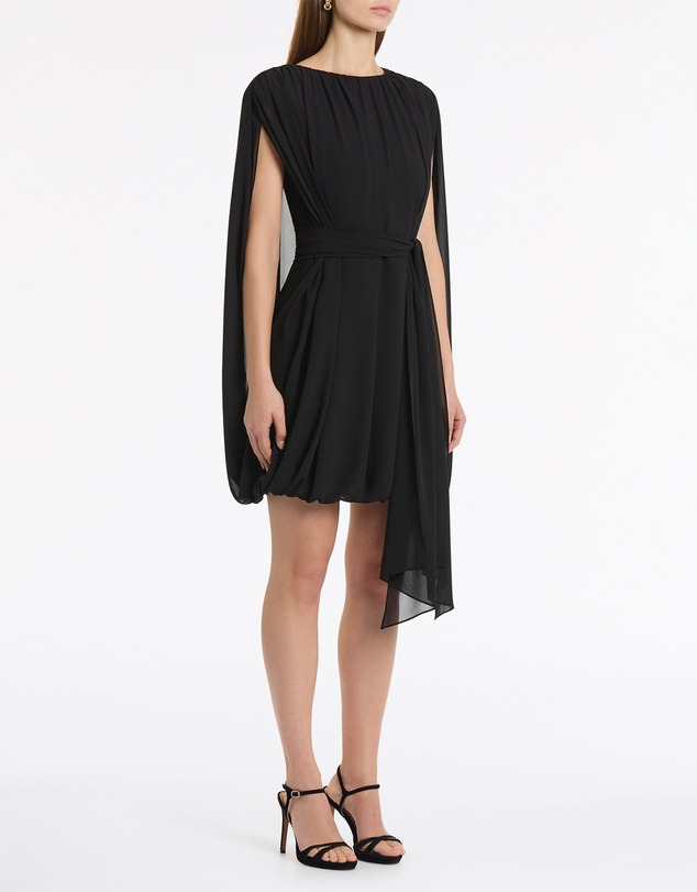 Carla Zampatti - Black Georgette Gathered Capelet Mini Dress